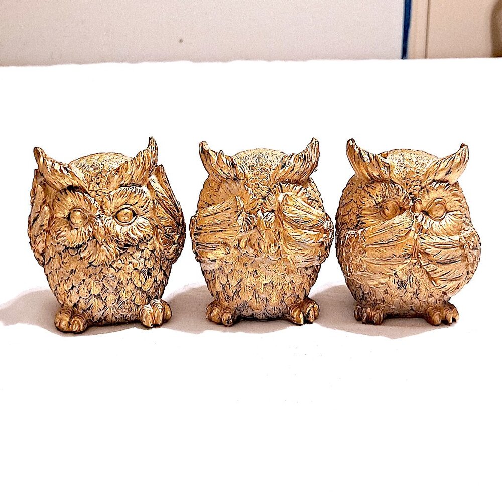 Set of 3 Gold No Evil Hear Speak and See Owl Figurines Size 3.75" in height.